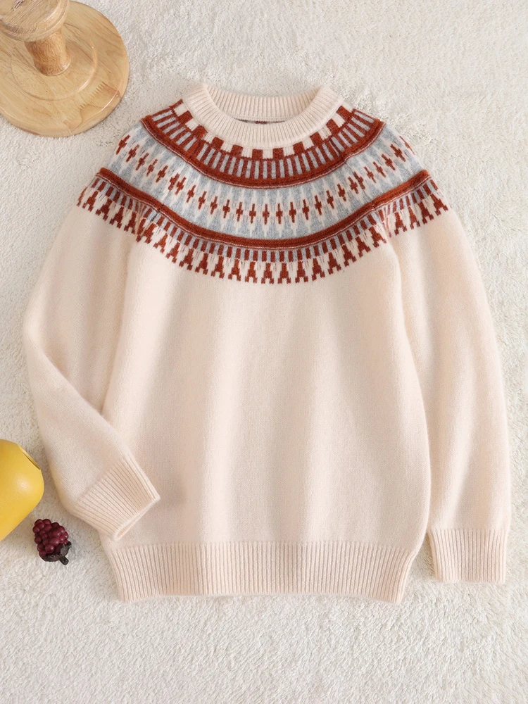

Children 100% Merino Wool Sweater Fair Isle Style Pullover Thicken Girl Boy Knitwear Autumn Winter Kids Mock Neck Christmas Tops