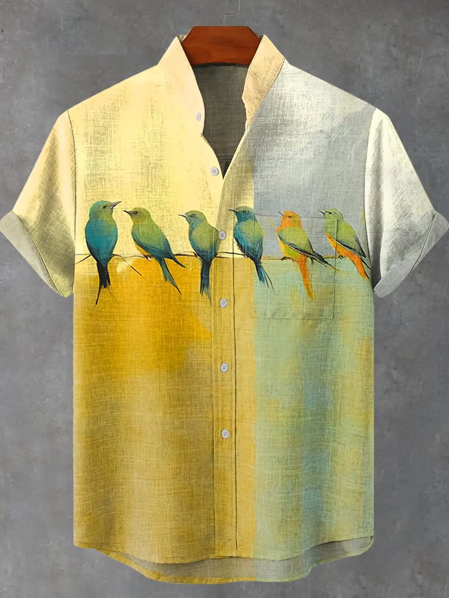 

2025: мужская повседневная свободная льняная короткая рубашка на пуговицах с 3D принтом животных для отдыха