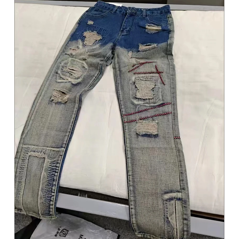 Hole ripped jeans men Slim Fit Skinny jeans Hip hop fashion Streetwear patchwork jeans Elasticity Gothic pants men pantalon