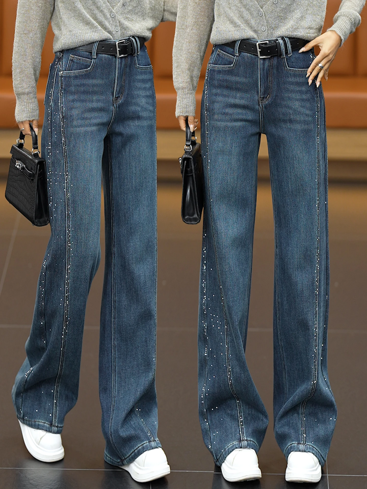 

Женские джинсы с высокой талией, на флисовой подкладке, утепленные, широкие, прямого кроя, повседневные, осенне-зимние, новый стиль, модные