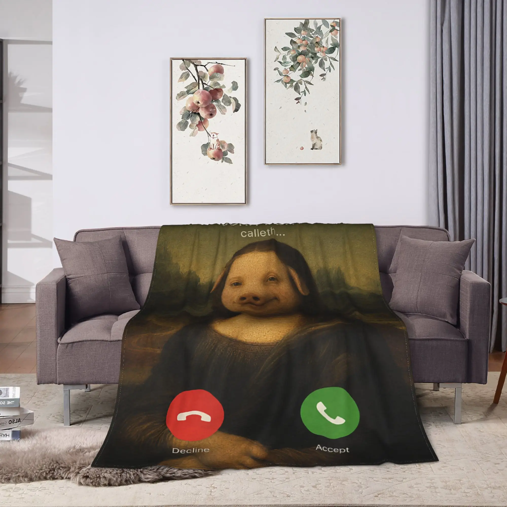 John Pork Mona Lisa Da Vinci Funny Meme Parody Dank Brainrot Blanket Travel Car Bedding Throws Couch Chair Flannel Bedspread