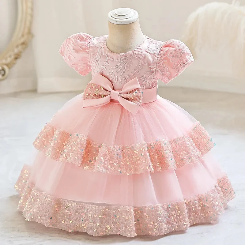 

Customized Pink Flower Girl Dress for Wedding Bow Glitter Short Sleeve Floor Length Elegant Kids Birthday First Communion Gown