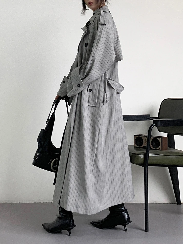 YERMORA Gray Striped Belted Button Casual Trench Lapel Long Sleeve Women New Windbreaker Fashion Tide Spring Autumn 2025 A888