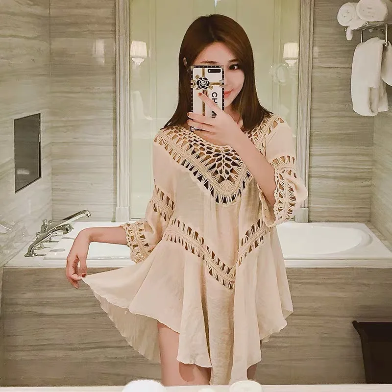 n Loose Long Knitted Sweater Women's Beach Bikini Swimsuit Thermal Spa Cover up Hand Crochet Hollow out V Ne Sve