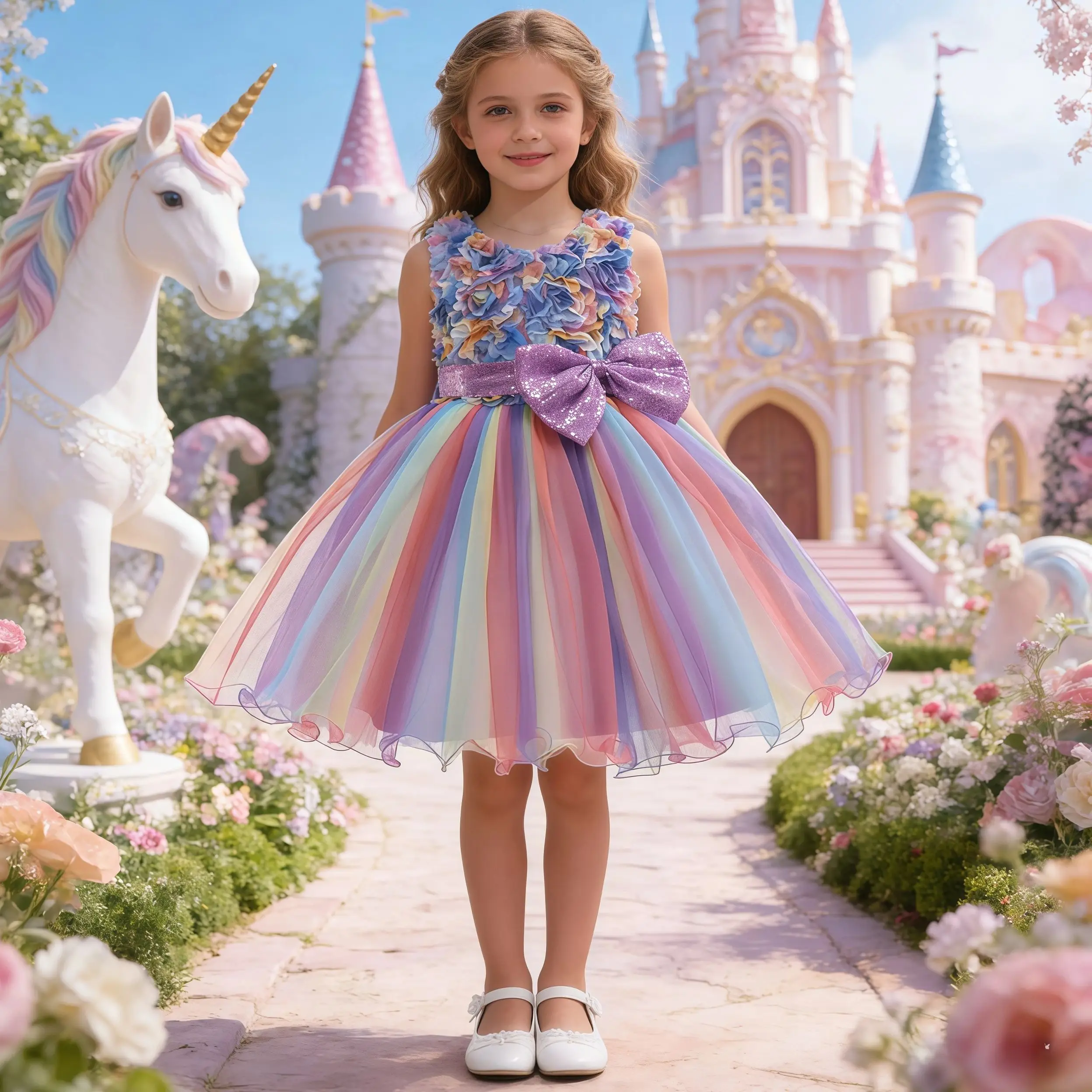 Girls Flower Sequins Tulle Rainbow Tutu Skirt Kids Princess Ball Gown For Baby Wedding Birthday Party Christening Festival Dress