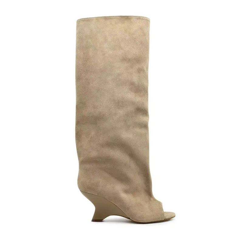 

2026 Four Seasons Women's Suede Peep Toe Wedge Thick Heel Knee High Boots Fashion Slouchy Tall Boots Party Club Wedding Shoes