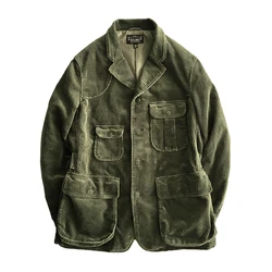 Men's Corduroy Suit Multi-pockets Loose Thcik Oliver Green Stripe Safari Jacket Spring Autumn Western Biker Vintage Clothes