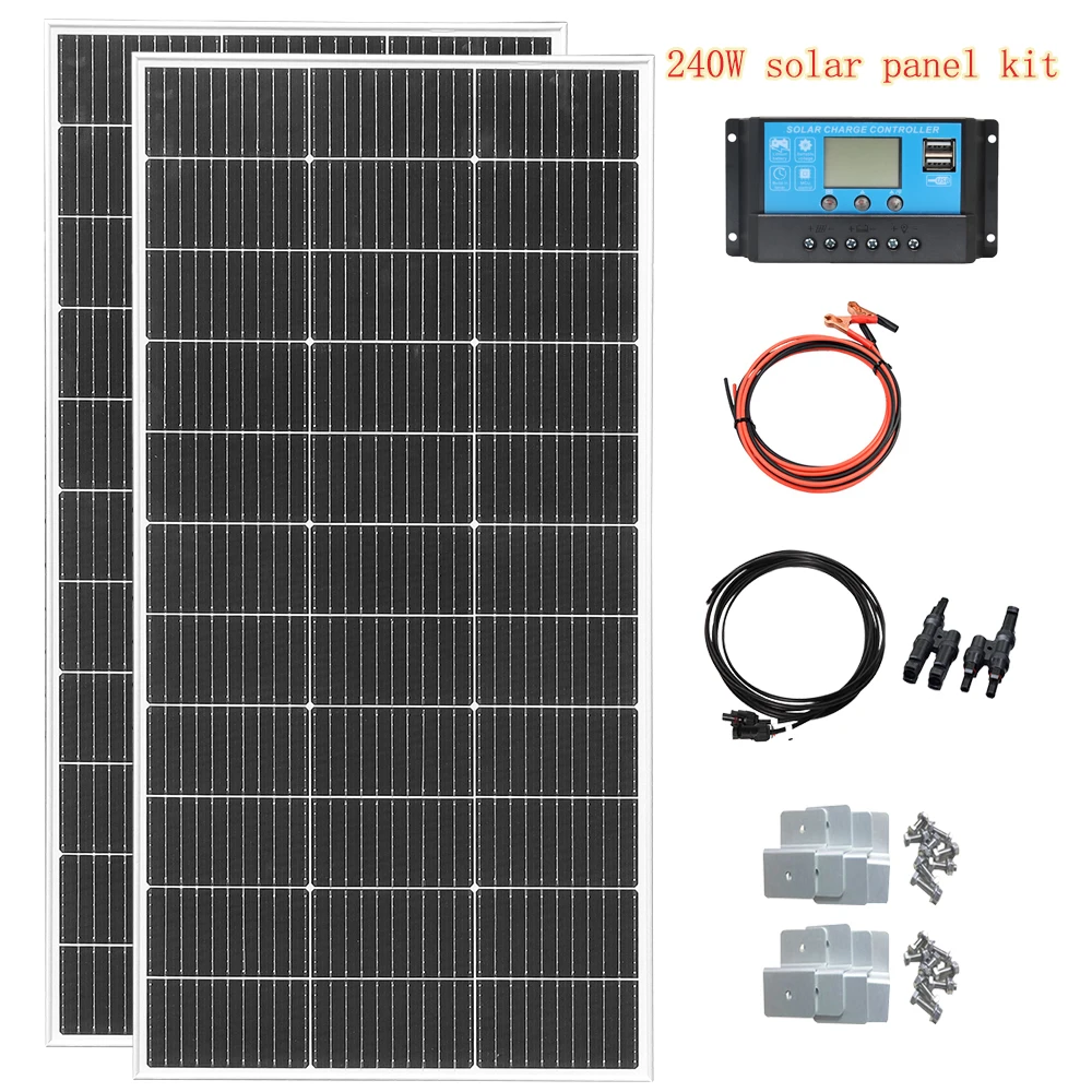 

Комплект солнечных панелей 240 Вт 12 В: 2 монокристаллические солнечные панели по 120 Вт + контроллер заряда 20 А для автодомов, лодок, прицепов, кемперов