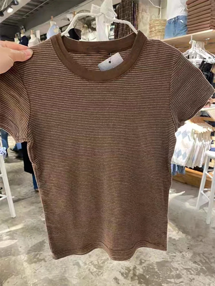 Vintage Classic Striped Slim T-shirts Women Summer Brown O Neck Patchwork Short Sleeve Crop Top Fashion Casual Cotton Y2k Tees