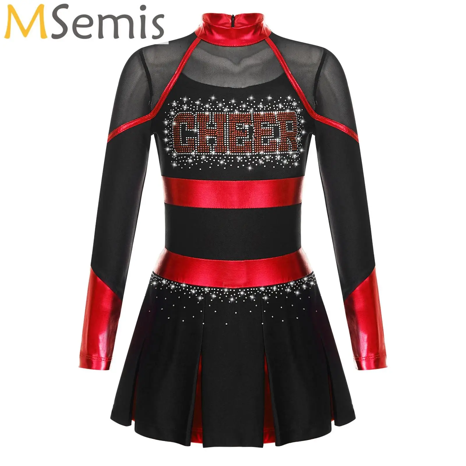 Teens Girls Cheerleading Dance Uniform Dress Glittery Letter Metallic Long Sleeve Mini Pleated Dress Party Performance Costume