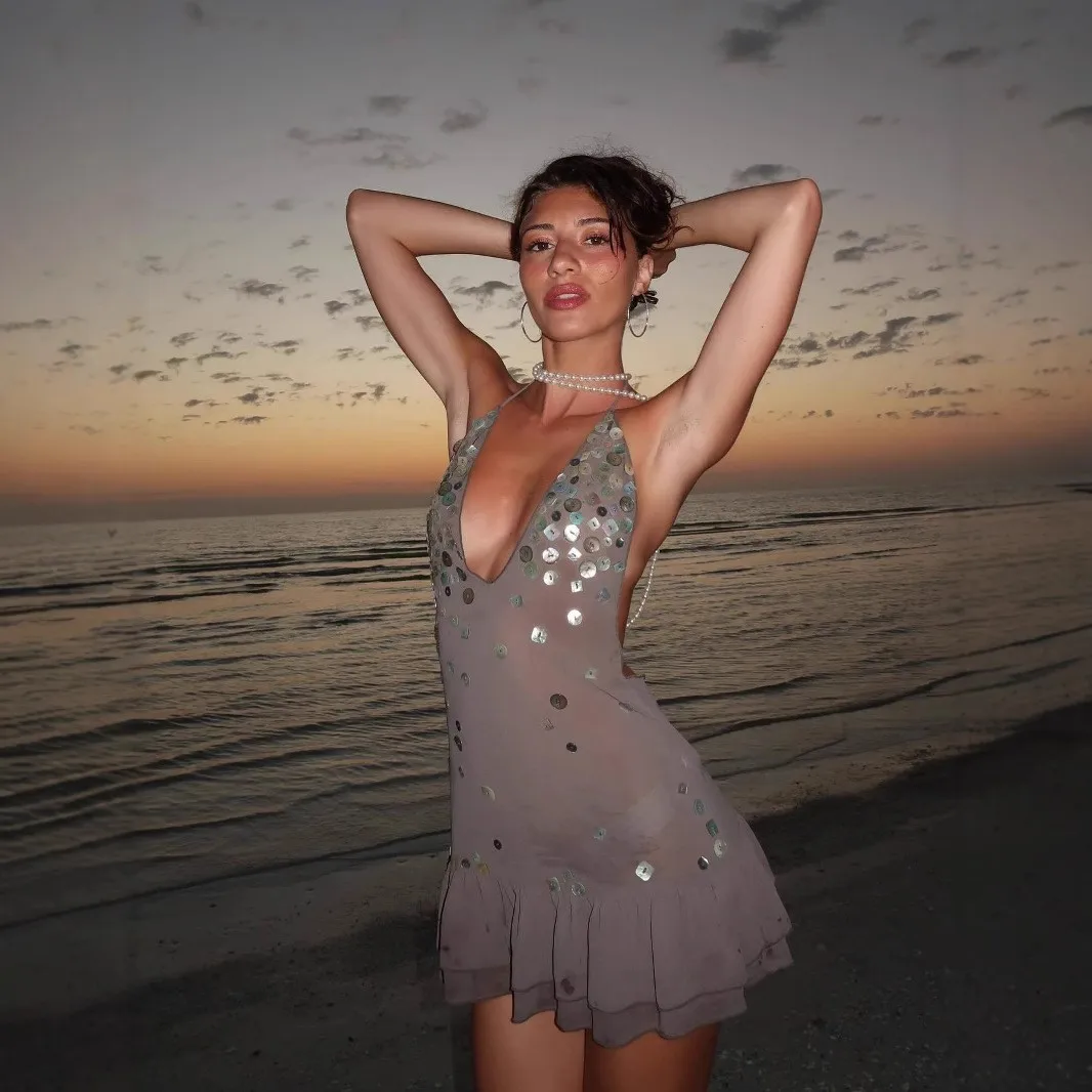 

Women's Beachwear Dress Halter Neck Sheer Short Dresses Sequin Ruffle Beach Dress Backless Mini Dress Gray Vacation Outfit