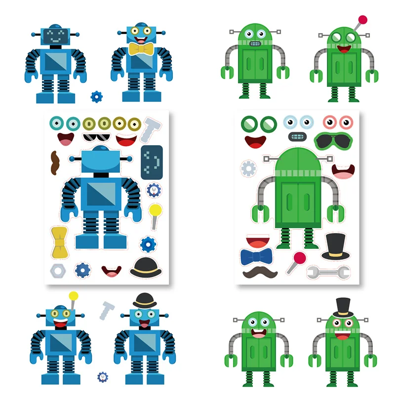 6/12sheets Make A Robot Stickers for Kids DIY Robot Face Puzzle Jigsaw Fun Craft Project Children Boy Girl Birthday Gifts Favor