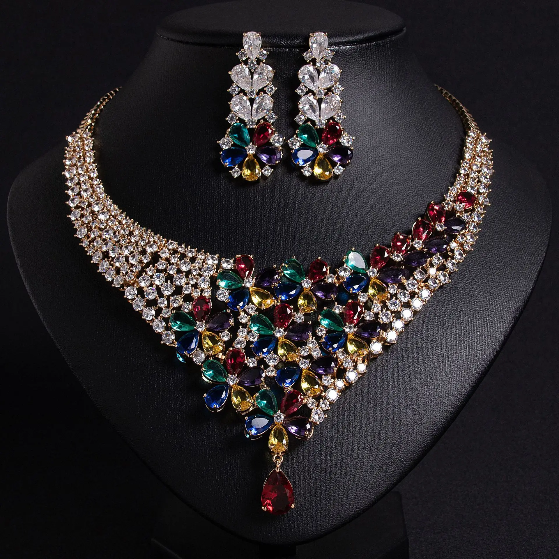 

Gorgeous Atmosphere Colourful Flower Necklace Earrings Fine Glitter Jewellery 2 Pcs Set Nigerian Women Wedding Party Dress