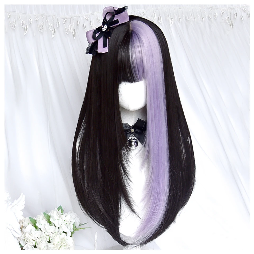 Synthetic Wigs Long Straight Wig with Bangs Two Tone Half Purple Half Black Colorful Party Lolita Hair Wig Heat Resistant