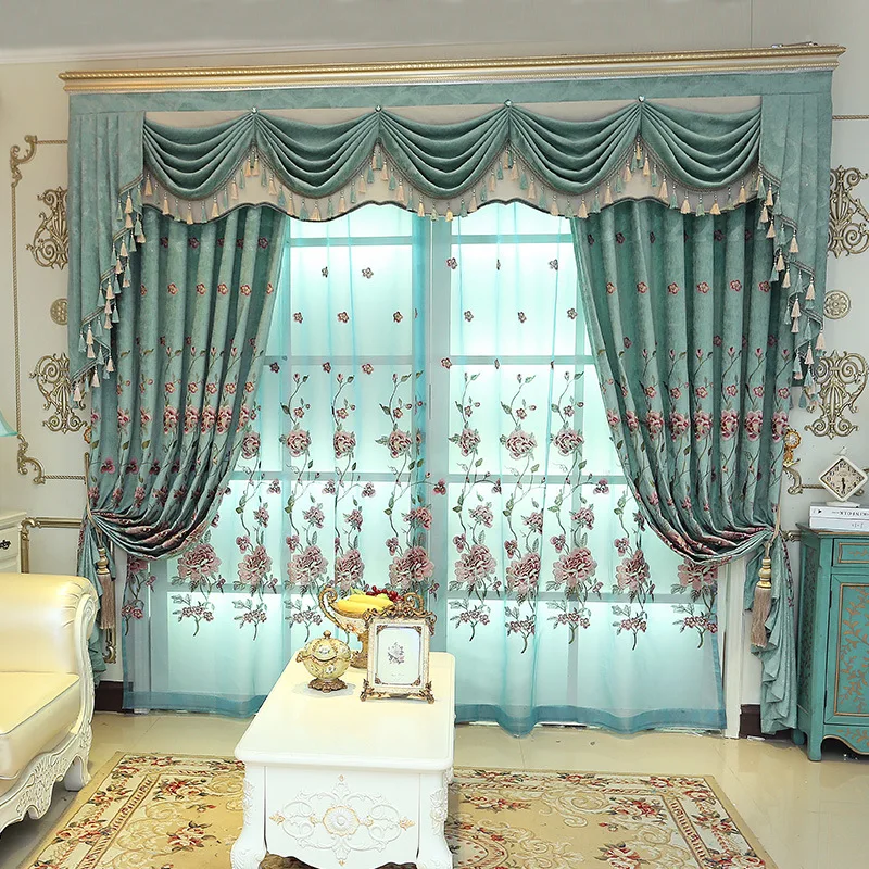 

Qingcheng Peony Blue Embroidered Chenier Curtain Fabric New Chinese Style Curtains for Living Dining Room Bedroom