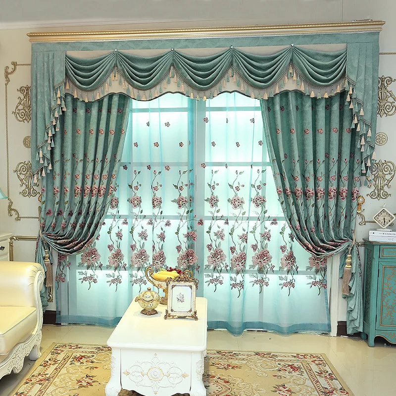 Qingcheng Peony Blue Embroidered Chenier Curtain Fabric New Chinese Style Curtains for Living Dining Room Bedroom