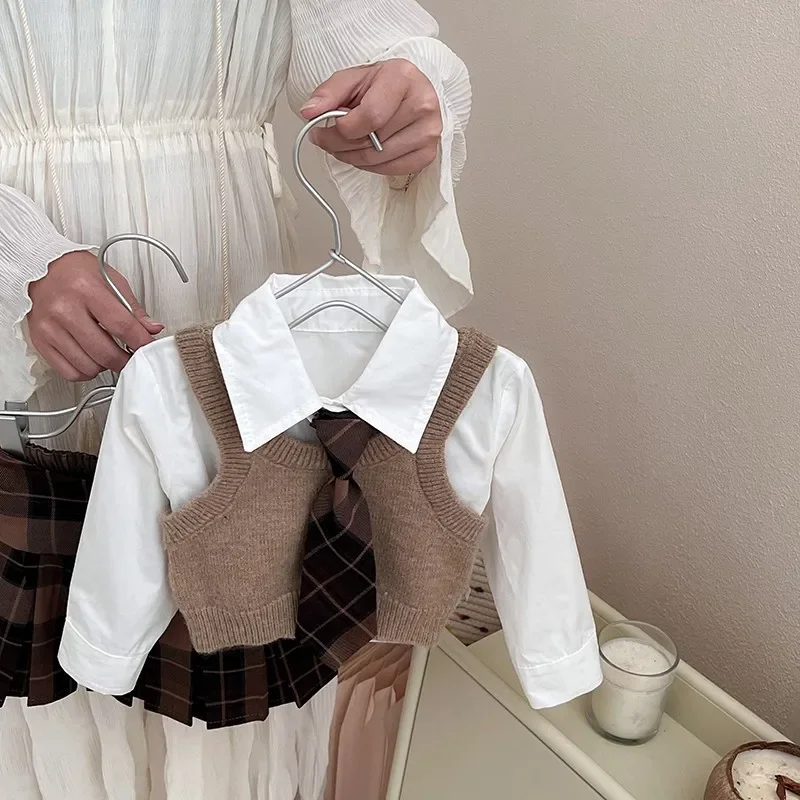 Childrens Clothing Set 2025 Autumn New Item Childrens Shirt Knitted Vest Short Skirt Three Piece Set Toddler Girl Clothes