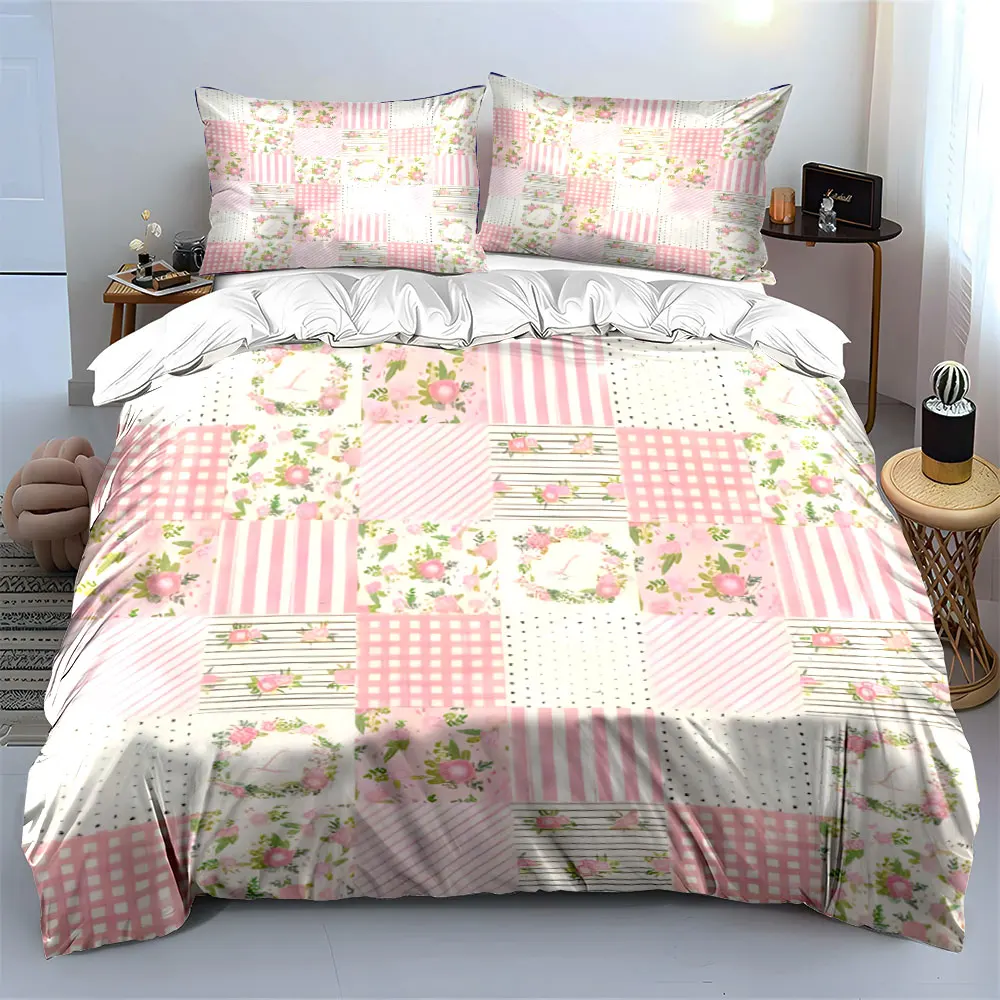 Pink Floral Patchwork Bedding Set 3PCS Sweet Pastoral Style Duvet Cover Pillowcases Soft Polyester Bed Linen for Girls Bedroom