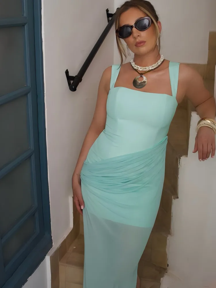 Articat Elegant Sleeveless Mesh Patchwork Tight Long Dress Women Sexy Backless Sheer Bodycon Party Club Evening Dress Fall New