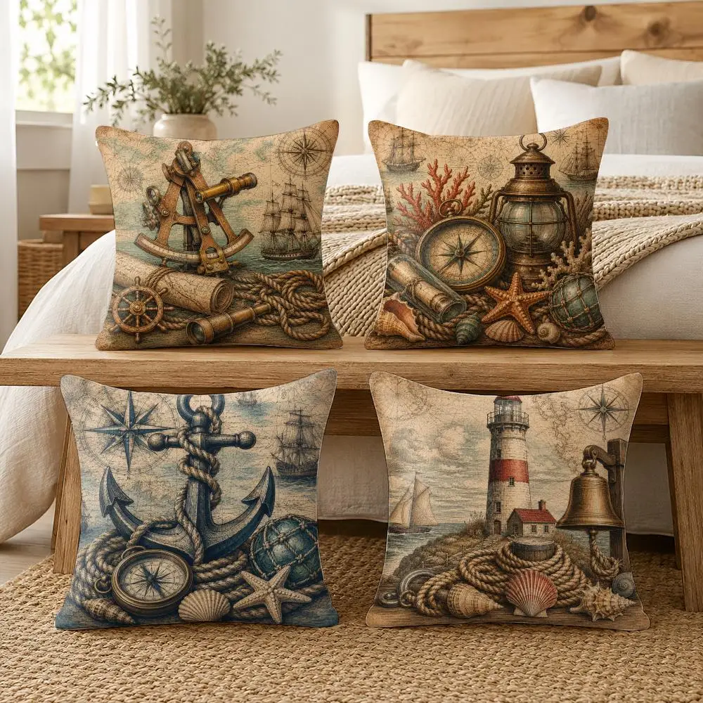 Antique Nautical Heritage Cushion Cover Soft Short Plush Pillow Cover Smooth Cozy Texture Aesthetic Cushion Case Home Decor