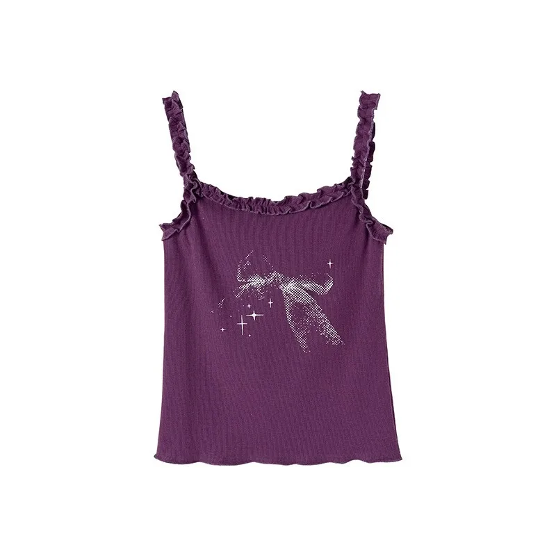 Karrram Y2k Aesthetics Lace Camisole Japanese Harajuku Knitted Tank Top Vintage 2000s Fairycore Camis Tops Purple Korean Fashion