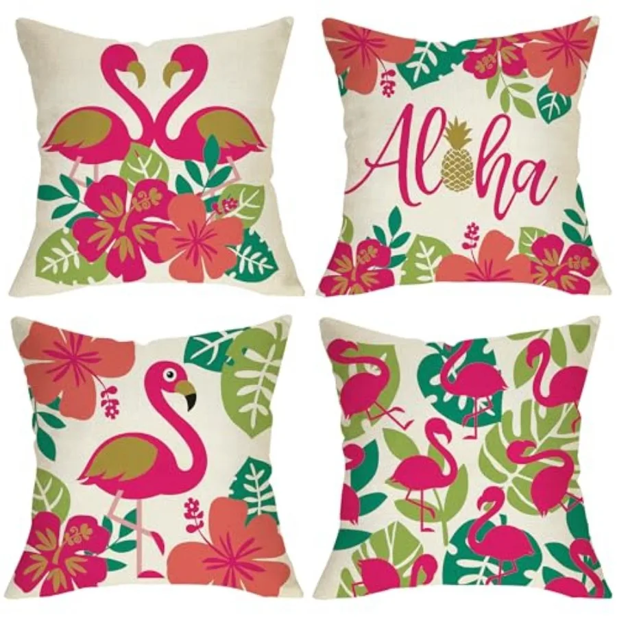 

Summer Flamingo Decorative Throw Pillow Covers 18 x 18 Set of 4, Tropical Hibiscus Flower Palm Leaves Monstera Porch Outdoor Ho