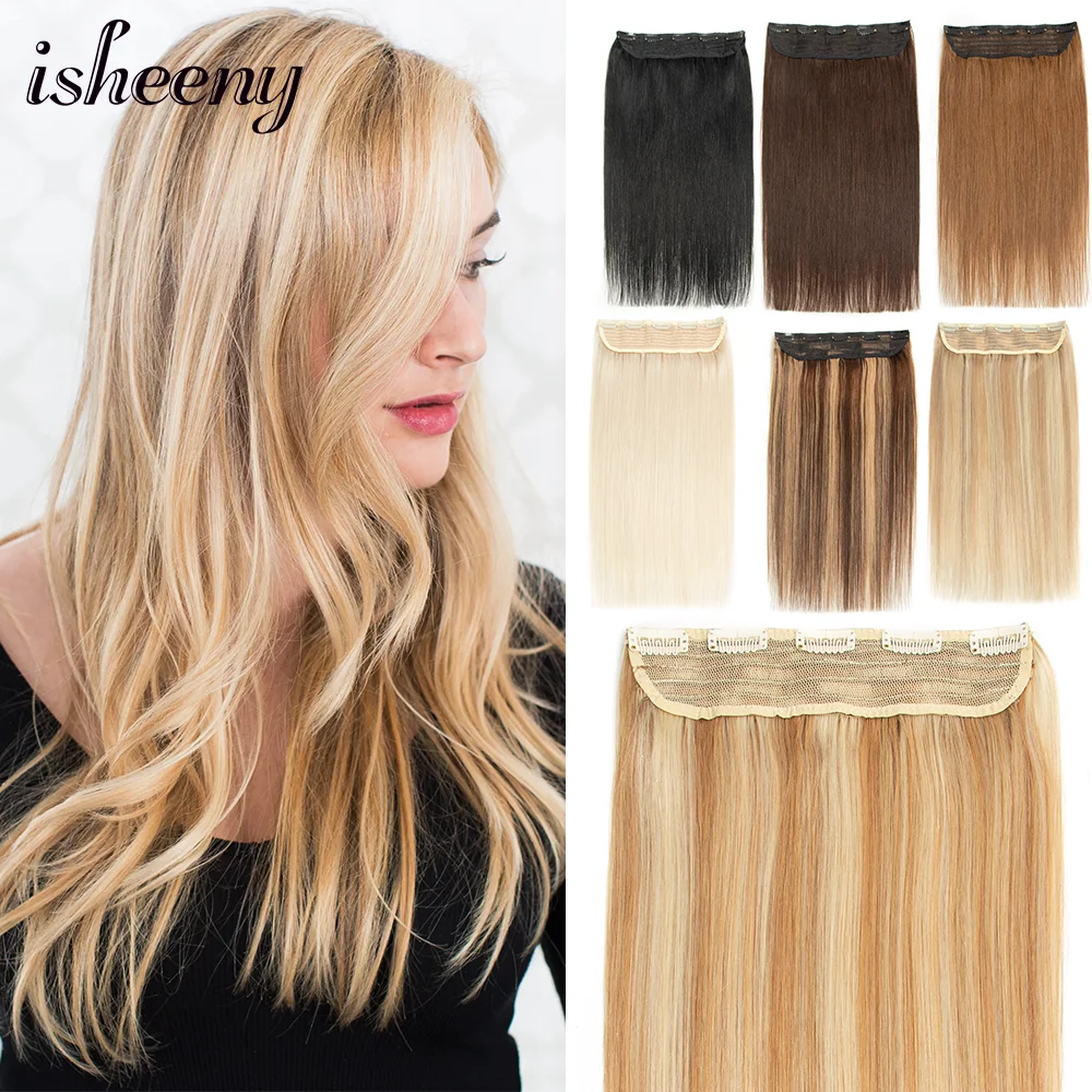 

Isheeny Human Hair Extensions 14"-22" Machine Made Remy Hair Clip In One Piece 5 Clips On Natural Straight Lace Weft Hair Pieces