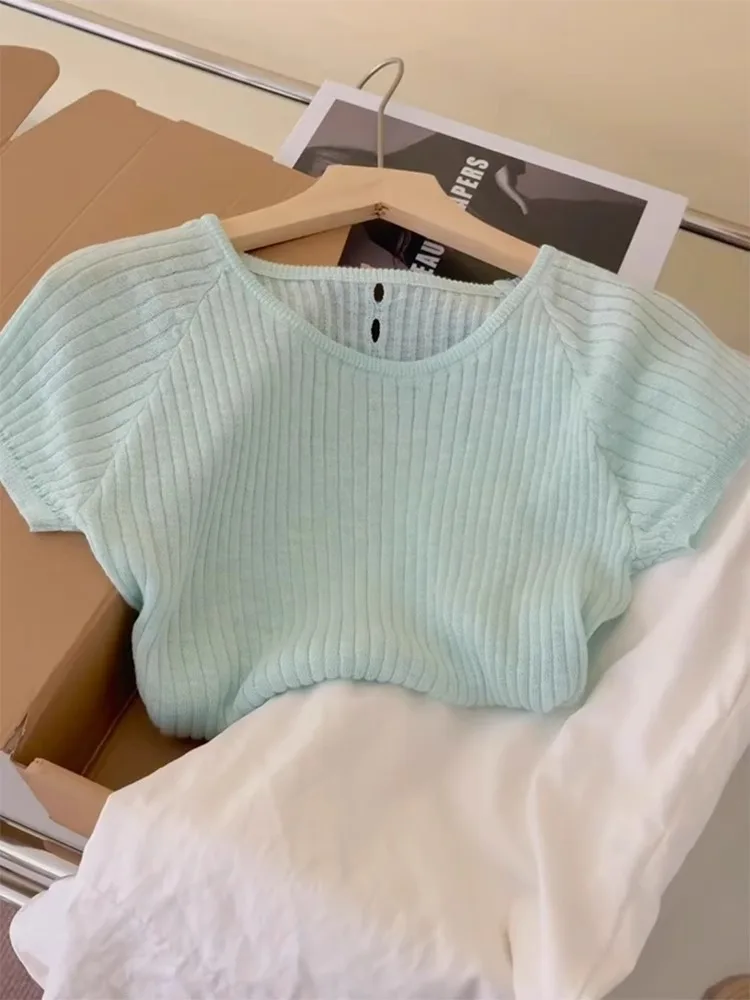 Menthe een tricoté glace soie ort Sve T-shirt femme Faion été Dopane Chic haut respirant humidité ng rond...