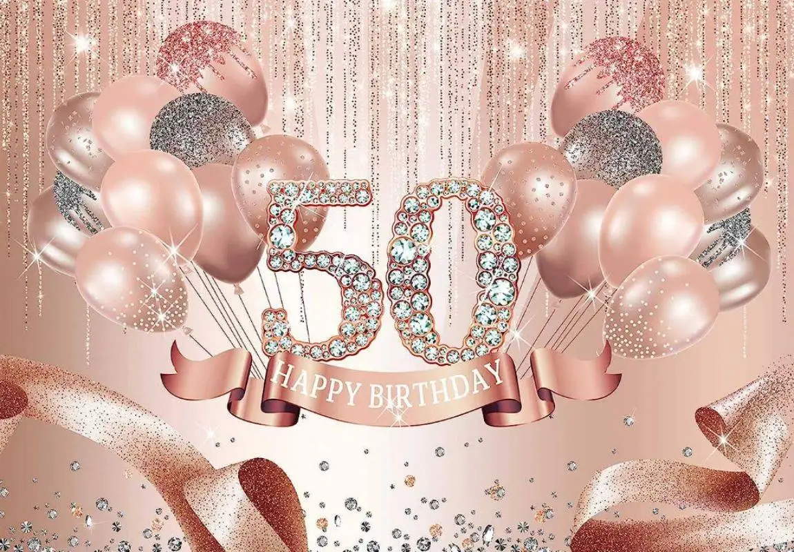 Happy 50th Birthday Backdrop Rose Gold Diamonds Fabulous Background Glitter Balloons Fifty Years Women Party Banner Decoration