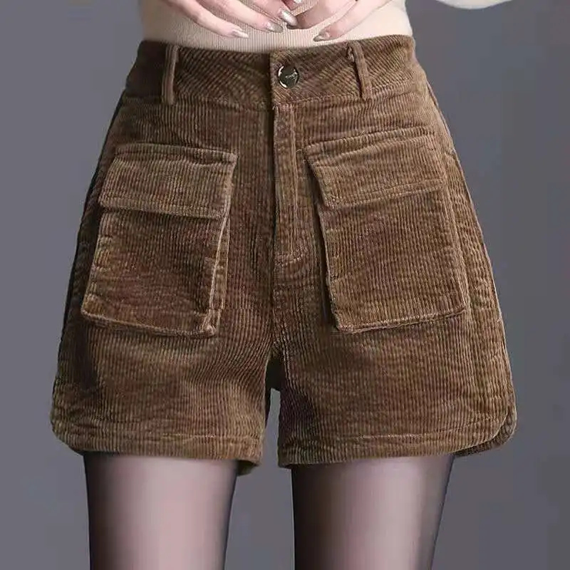 

High Waisted Corduroy Shorts Women Vintage Casual Pants Wide Leg Pants Monochromatic Plus Size Pockets Autumn Winter Clothing