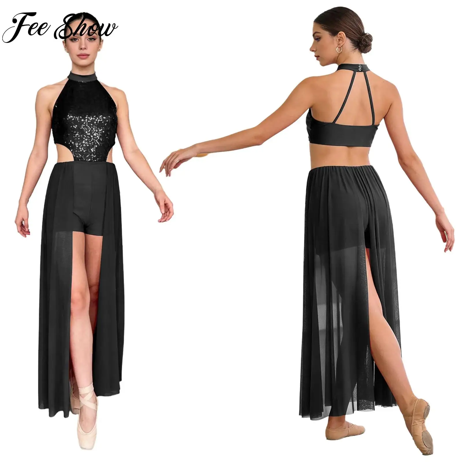 

Womens Lyrical Modern Dance Dress Ballet Gymnastics Leotard Sequined Backless Maxi Long Dress Contemporary Performance Dancewear