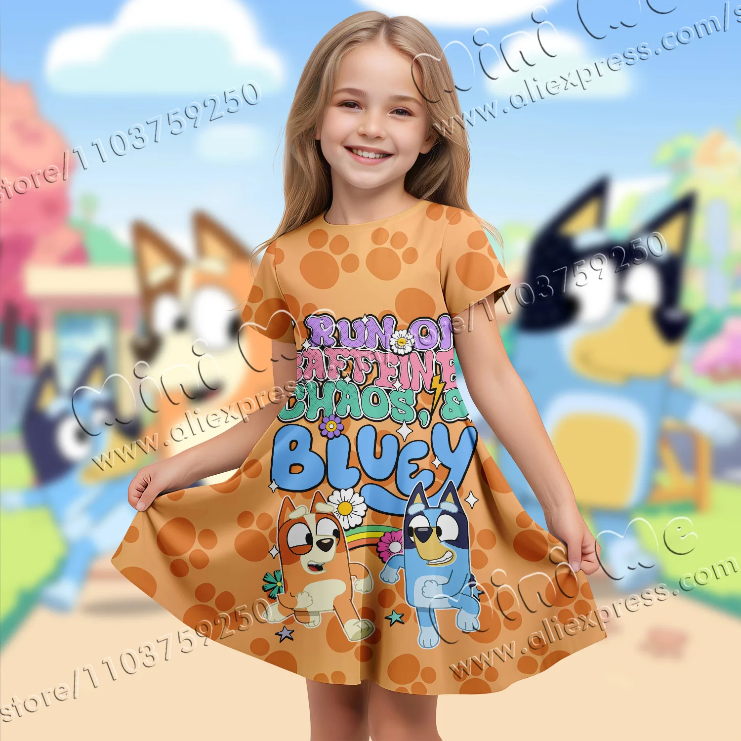 MINISO Authorized Sequins 3d Printing Bluey Halloween Elegant Dresses Girl Clothes  Dress Holiday Dress 2024 Children