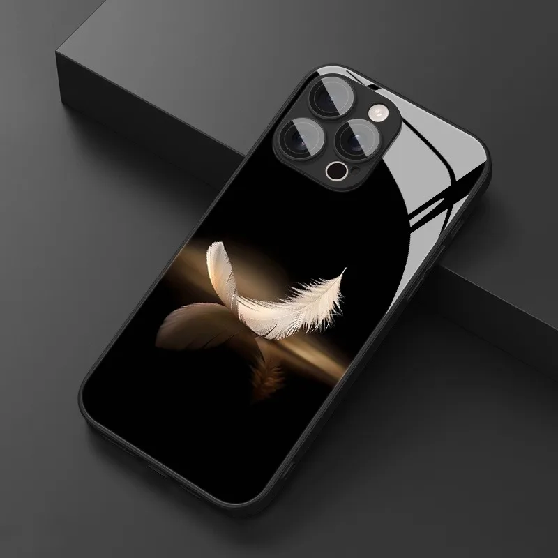 

Luxury White Feather Pattern Tempered Glass Phone Case For iPhone 17 16 15 14 Pro Max 13 12 11 16E 17 Air 7 8 Plus XR XS X Cover