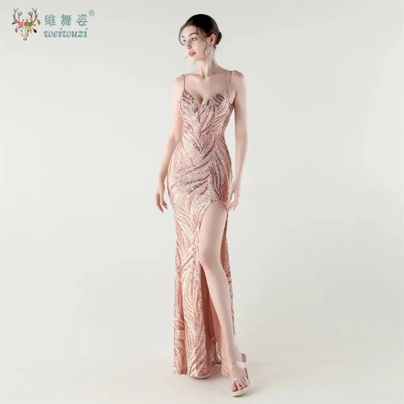 Abiti da sera eleganti con paillettes a righe Cinghie con scollo a V Abito lungo sexy con spacco a coda di pesce Abito formale da cocktail in pizzo con motivo glitterato