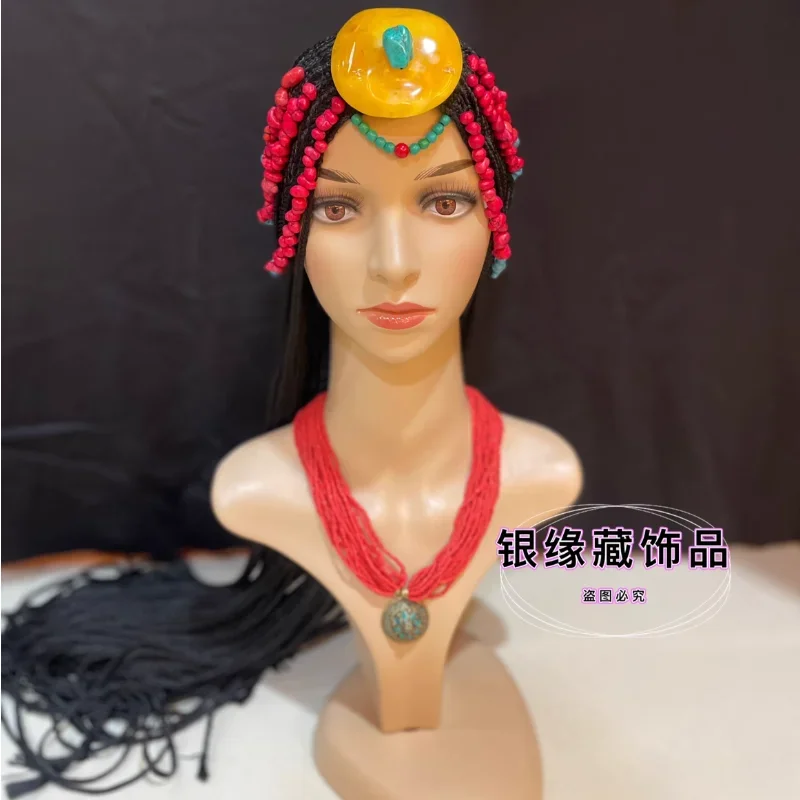 Chinese Tibetan One-piece Wig With Full Braids And Green Turquoise Tibetan Costume Headwear