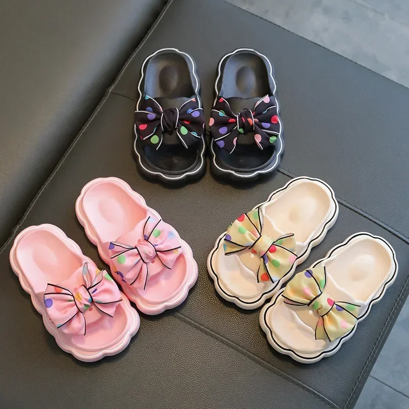 Children Summer Slippers Girls Fashion Bow Wear Resistant Open-toe Non-slip Casual Shoes Simple Kids Outdoor Platform Beach Shoe