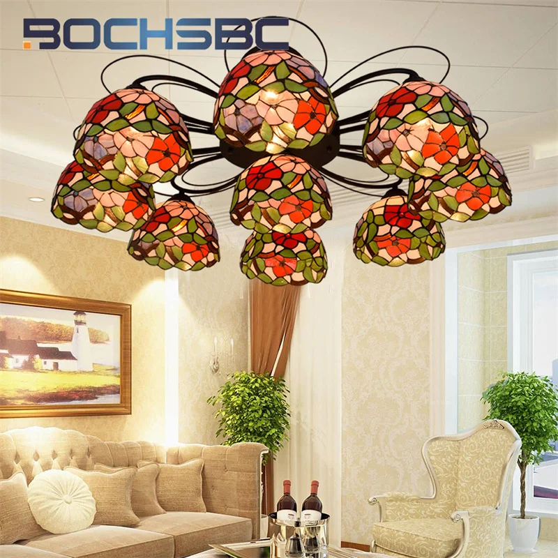 

BOCHSBC Tiffany stained glass Garden style morning glory ceiling light deco Guest Restaurant Hotel overhead light chandelier