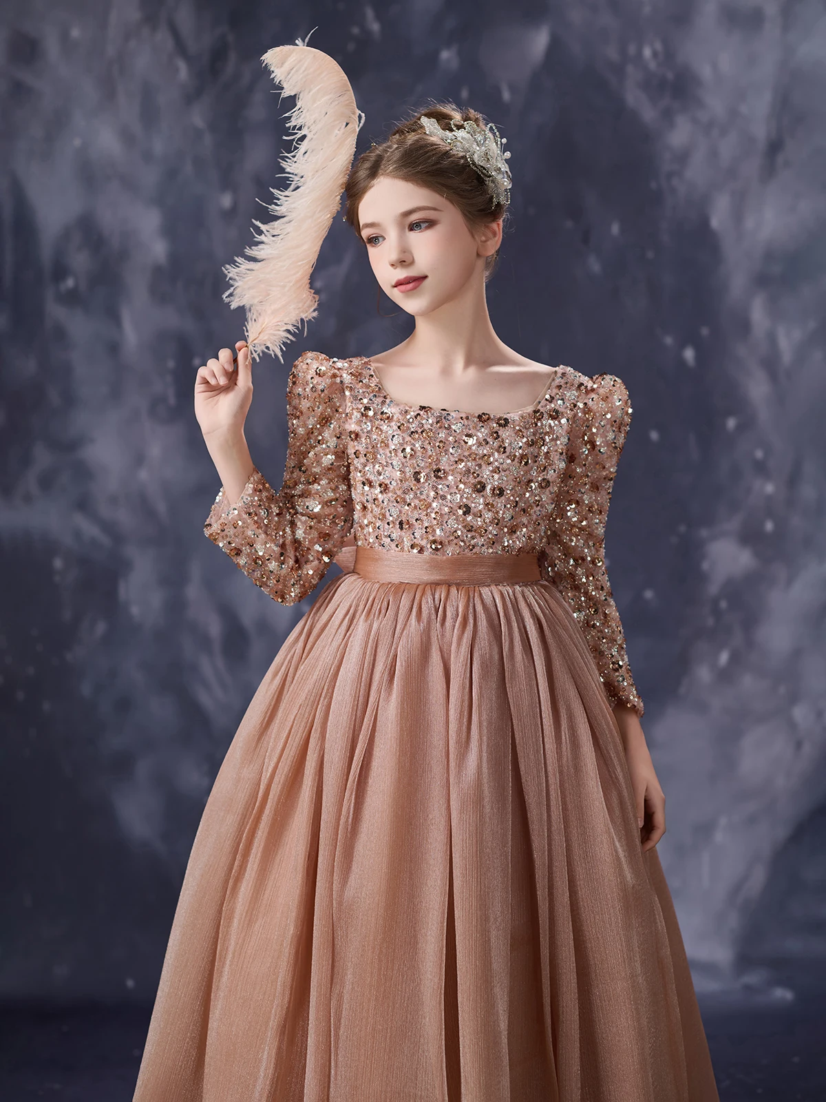 Glitter girls' formal dress long sleeve pearl gauze ball gown for flower girl bridesmaid birthday fashion show piano performance