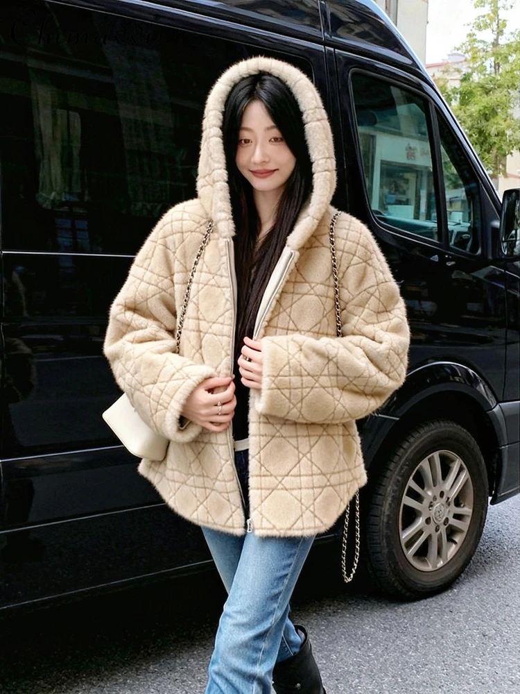 شتاء جديد الراقية موضة تقليد فرو المنك غير النظامية منقوشة سميكة معطف فضفاض كم طويل عادية مقنع سترات من الفرو #5