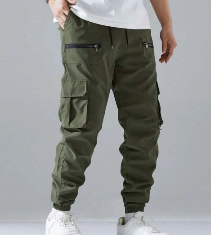 2025 Zipper Men Flap Pocket Side Drawstring Waist Men's Cargo Pants Men Baggy Khaki Trousers Men Thin Cargo Pants Back To School