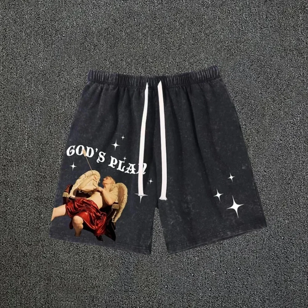 

Летние мужские спортивные шорты, крутая спортивная одежда для бега, план Бога, шнурок с принтом, короткие шорты большого размера в стиле ретро, старая школьная одежда
