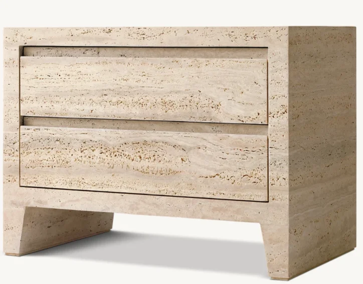 Luxury Stone Travertine Bedroom Furniture Side Night Table Bedside Storage Cabinet Top Oak Veneer Open Nightstand with Drawer