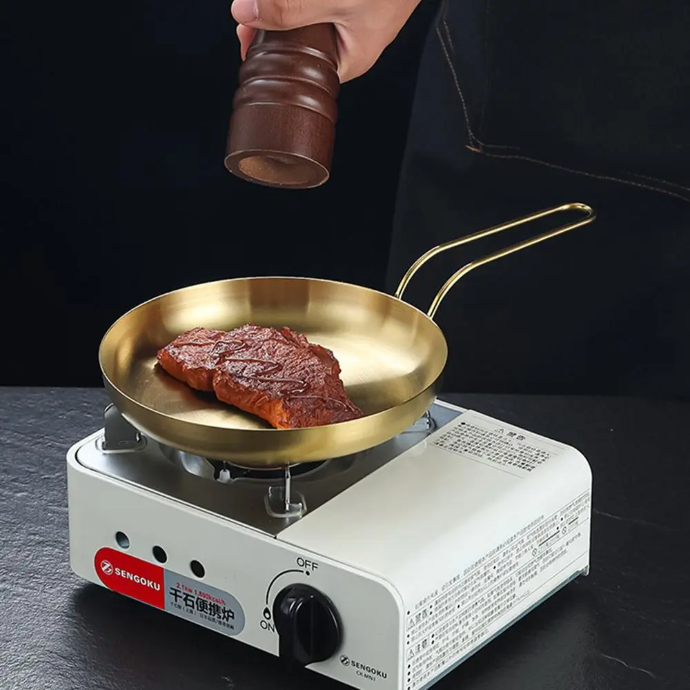 18/20cm Stainless Steel Frying Pan Handled Flat Bottom Serving Plate Golden/Sliver Stackable Roasting Cooking Pots Kitchenware