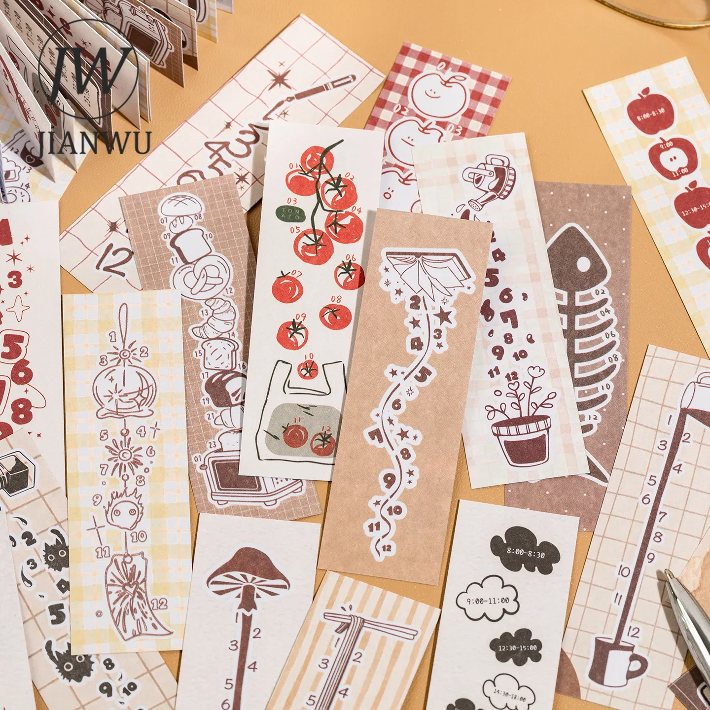 Vintage Collectible Books - JIANWU สติกเกอร์วินเทจลายผลไม้ ตัวเลข เวลา และทิวทัศน์ สำหรับงานคอลลาจ
