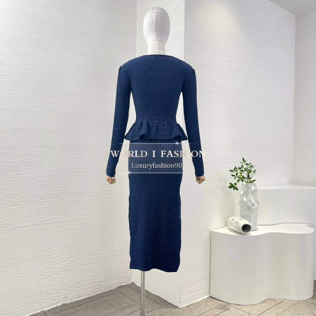 

2025 High Quality Black Long Sleeve Squared Collar Midi Dress