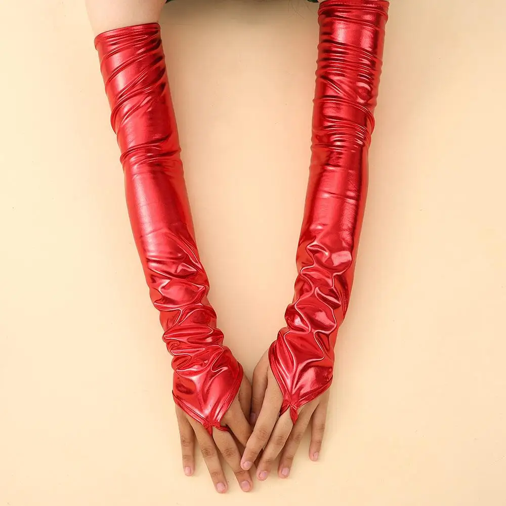 

Красочные перчатки-митенки из лакированной кожи с крючком для пальца, длинные перчатки без пальцев, модные фестивальные нарукавники из синтетической кожи