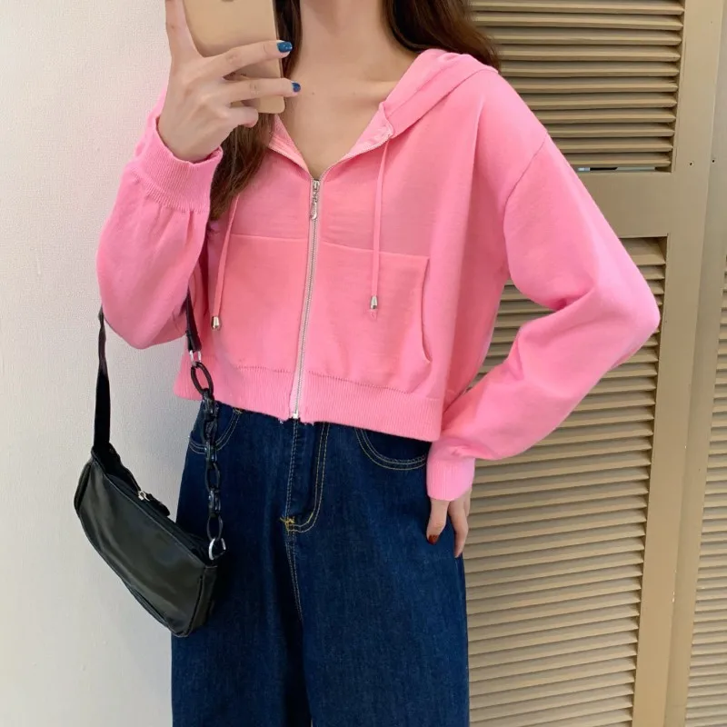 2024 Fall Casual Women Pockets Cropped Zip Up Fleece Purple Hoodies Korean Winter Jacket Hoodie Basic Harajuku Clothes Outwear