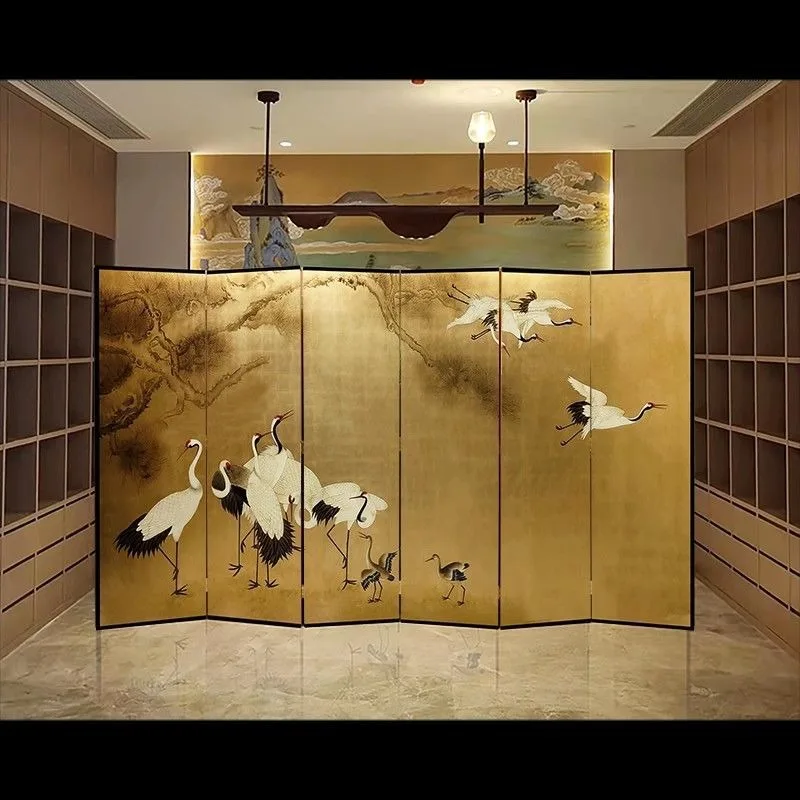

Crane Return Folding Mobile Medieval Screen Gold Foil Hand Painted Lacquer Living Room Partition Background Wall Partition