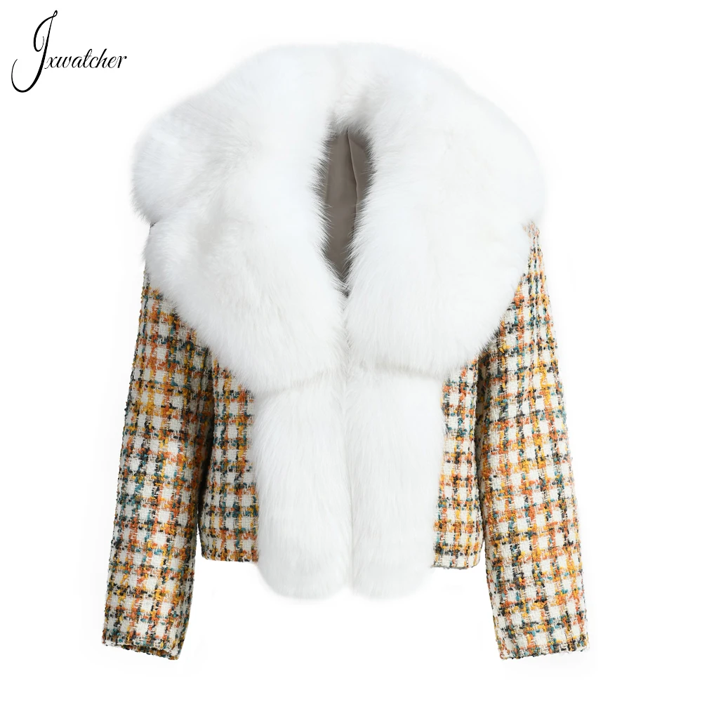 

Jxwatcher Woolen Coats Women Winter 2022 Real Fox Fur Collar Fashion Plaid Ladies Jacket Full Sleeves Female Cropped Outerwear