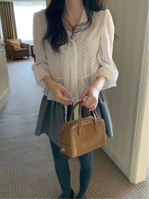 Chic V-neck Tunic Shirt Polka Dot Chiffon Loose Fit Belted Thin Autumn Sweet Anti-aging Women's Top Korean Style Spring Autumn